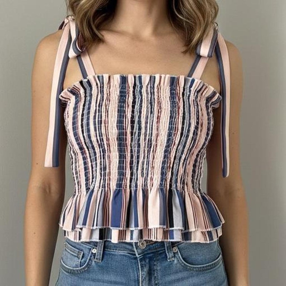 Striped Ruched Tank Top with Adjustable Shoulder Ties | No Brand | Size Large